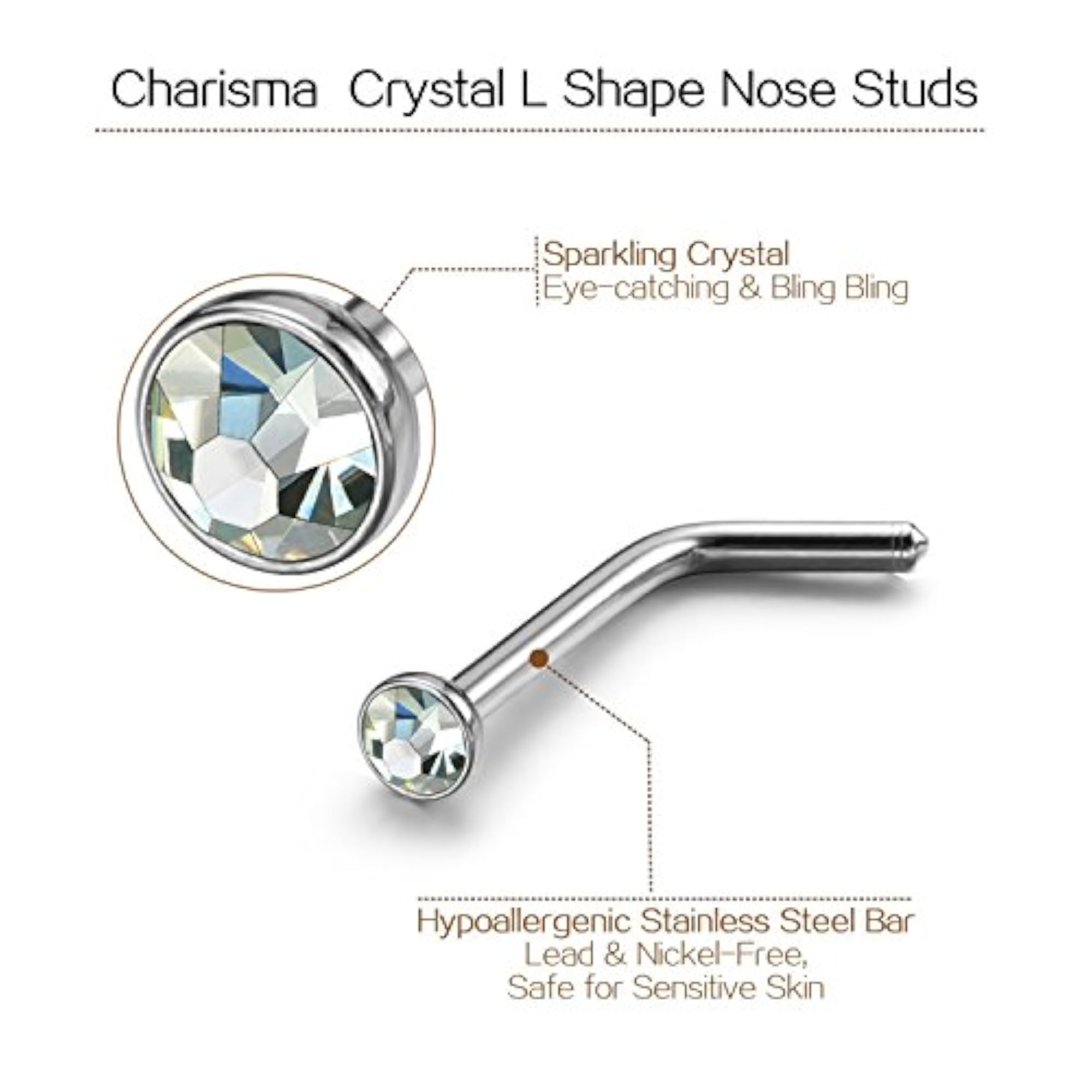 Stainless Steel Rhinestone Crystal Nose Ring Bone Stud Bars