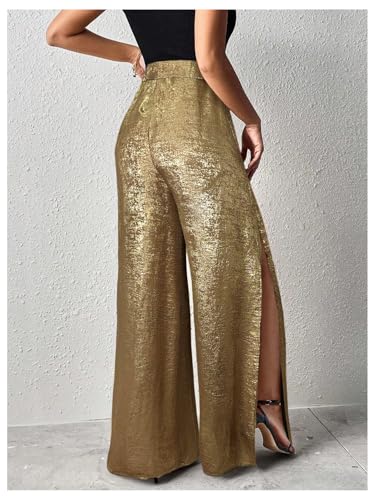 MakeMeChic Women's Metallic Split Side Hem Long Pants High Waist Wide Leg Loose Trousers with Pockets2