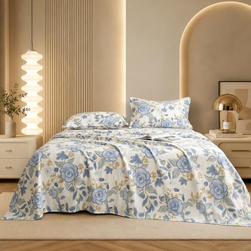 Image of Marrow Lane 300 TC Soft Air Cotton Double Bedsheet | Garden Reverie | Flatsheet with 2 Pillow Covers | Watercolour Floral Print (228.6 x 254 cm, Ivory & Blue)