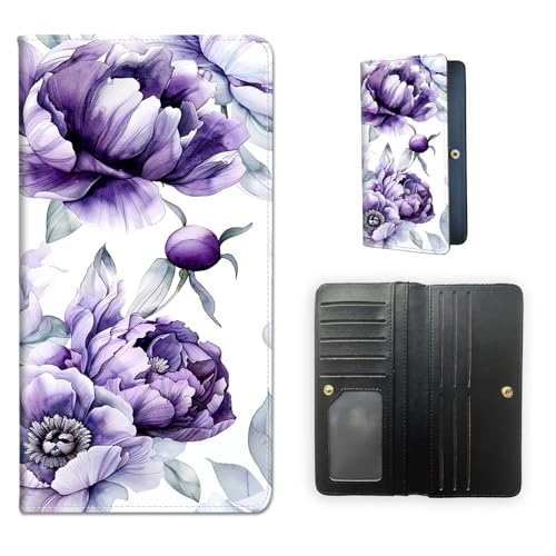 RFID Blocking Leather Wallet for Women and Men, Purple Flowers Compact Bifold Credit Card Holder with RFID Protection, Small Ladies Slim Minimalist Wallet