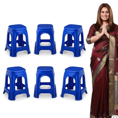 Image of MAHARAJA Strong & Durable Stool | Modern Beige Polypropylene Stackable Stool | Set of 6, Pre-Assembled (Blue, Pack of 6)