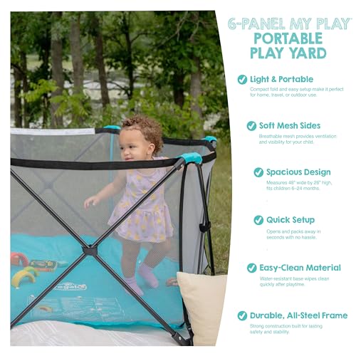 Image of Regalo Safety My Play Portable Baby Playpen & Play Yard, Foldable 6-Panel Indoor Outdoor Playpen for Babies & Toddlers, Mesh Sides, Washable Fabric, 48 inch, Aqua /Black