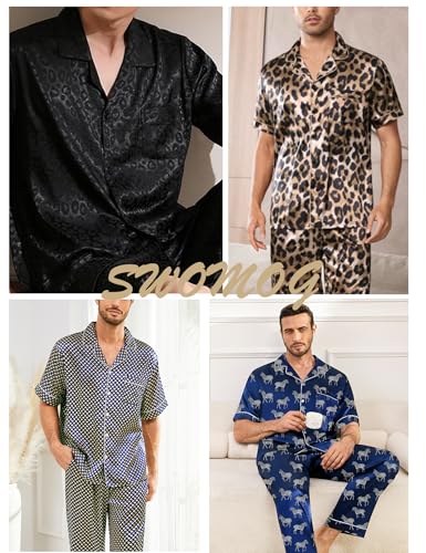 Image of SWOMOG Mens Silk Pajamas Set Satin Pj Set Short Sleeve Sleepwear Button Down Lounge Set with Drawstring & Pockets S-3XL