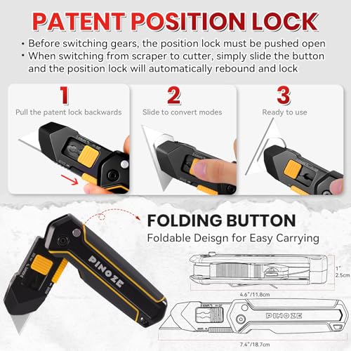 Image of PINOZE Folding Utility Knife Scraper, 3-in-1 Box Cutter with Lanyard & Blade Storage, Retractable Heavy Duty Zinc Alloy Multi-functional Knife with 10pcs SK2 Blades, EDC Tool for Home, Office, DIY