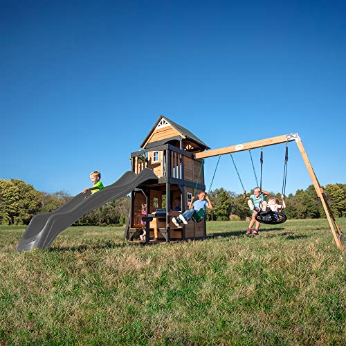 Backyard Discovery Canyon Creek All Cedar Wood Swing Set W/Grey Wave Slide, Playhouse W/Grill, Plastic Food, Picnic Area, Steering Wheel, Two Belt Swings, Rock Climbing Wall, Balcony, Deck, Web Swing #TOP3