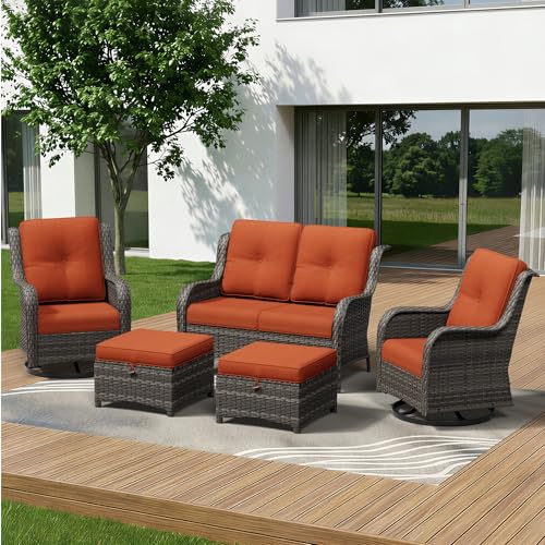 Image of 5 Piece Outdoor Wicker Patio Furniture Set, Outdoor Swivel Rocker Patio Chairs Set with Thickened Olefin Cushions, High Back and Deep Seating, Hand-Woven PE Rattan for Porch, Deck