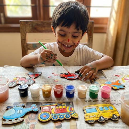Image of ImagiVibe Paint Your Own 9 Transport Vehicles Fridge Magnet DIY Kit for Kids | Transport Theme MDF Painting Craft Set | Creative Art & Craft Activity | Made in India (Transport)