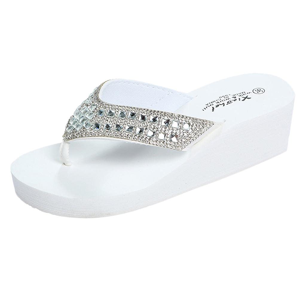 Saohuo Rhinestones Wedges Flip Flops for Women Bohemia Casual Beach Platform Shoes Summer Fashion Slippers, White, 7