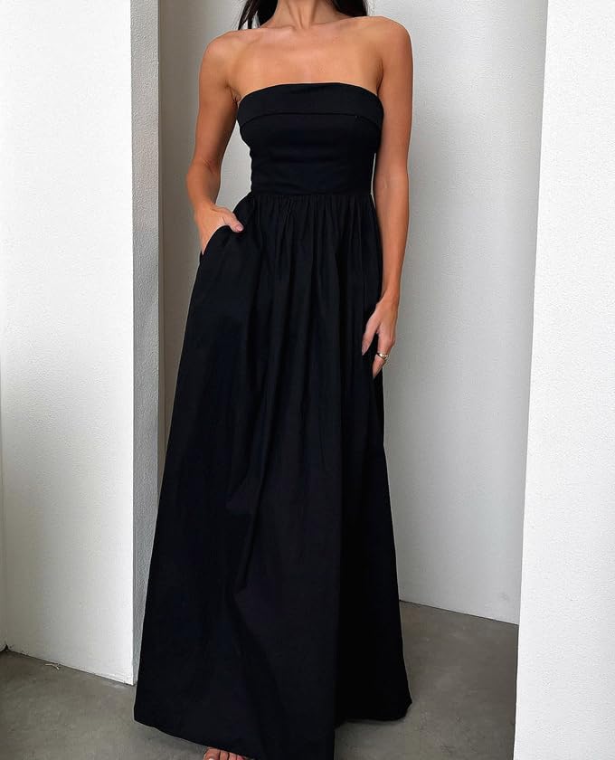 Image of Women Summer Strapless Maxi Tube Dress 2024 Trendy Solid Pleated Flowy Dress Wedding Guest Maxi Dresses Party Club