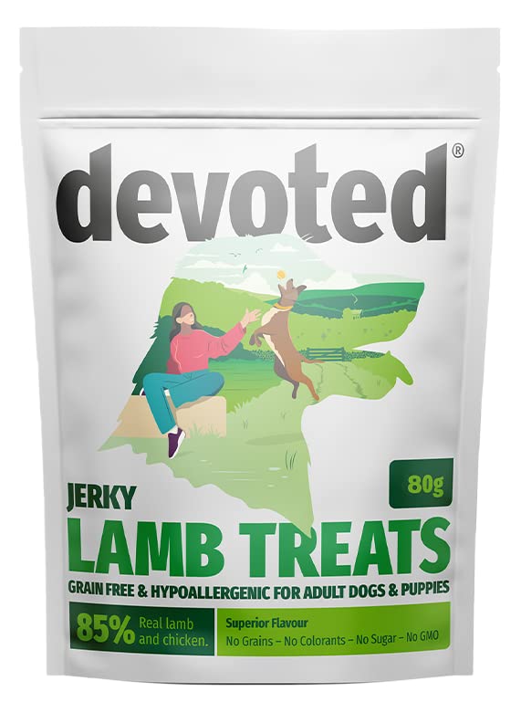Devoted Dog Treats - Lamb & Chicken Jerky (80g x 12 Pack) High Protein Training Reward Treats, 85%
