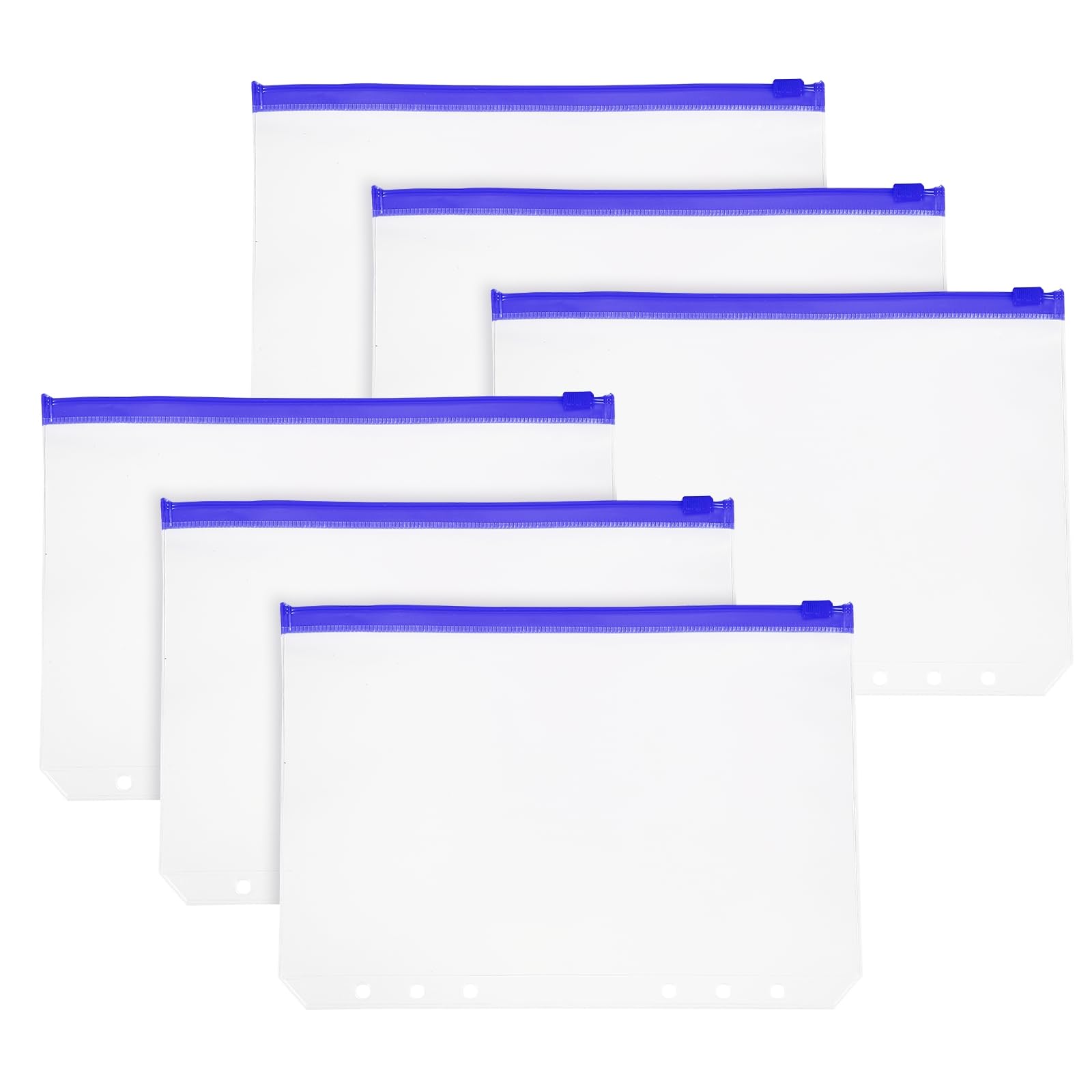 PATIKIL A5 Binder Pocket, 6 Pack 6 Holes Zipper Binder Pouch Budget Stuffing Envelopes Clear Storage Pocket Waterproof for Budget Planning Loose Leaf Bags, Blue Zip/Clear Pouch
