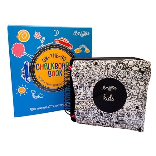 Image of Berrybee Kids Reusable Chalkboard Activity Book | 12 Erasable Learning Activities with Chalk & Holder | Portable Screen-Free Educational Travel Toy for Boys & Girls Age 4+