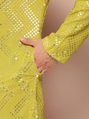 Image of See Designs Men's Long Sleeve Side Slit Chanderi Silk Sequins Mandarin Collar Kurta