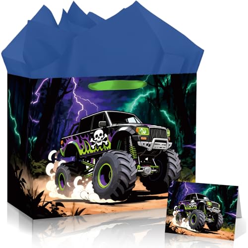 12 Monster Truck Gift Bag Birthday Gift Bag with Tissue Papers and Greeting Card Cars Themed Party Favors for Boys Kids Birthday Party Baby Shower Newborn New Moms or Parents 11.89.45.3 -1Pcs
