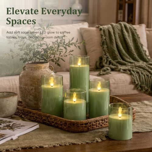 Image of Homemory Sage Green Flameless Candles, Acrylic LED Pillar Candles with Remote Timer, Set of 5