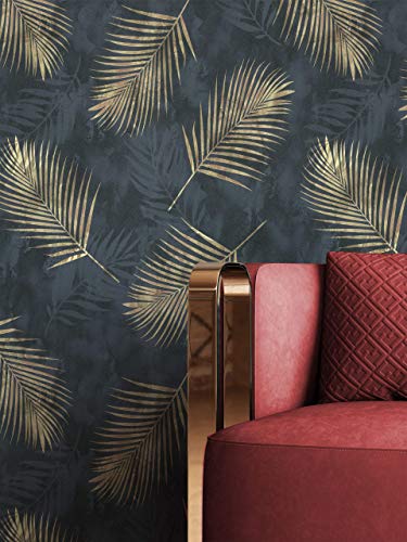 Tapete Schwarz Vliestapete Blätter - Dschungeltapete Floral Gold Dschungel Botanik Tropisch - Schwarz - Newroom
