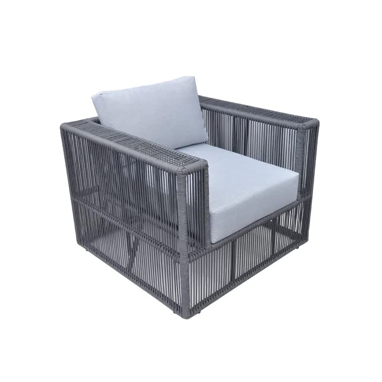 Image of DEVOKO Outdoor Unique Design Rope 4-Piece Bistro Set with Seat Cushions and Pillows Included Patio Set with Center Table for Garden, Balcony, Pool, Backyard (Grey Color)