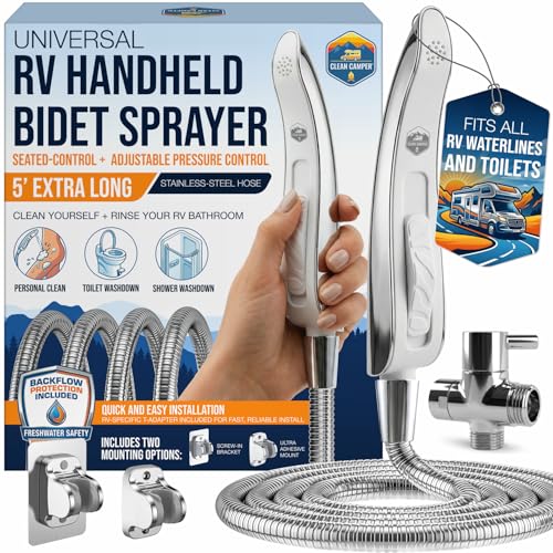 Clean Camper RV Handheld Bidet Sprayer Stay-Seated Design RV Toilet Sprayer Engineered for All RV Toilets Backflow Preventer Extra-Long 5 Hose & Adjustable Pressure