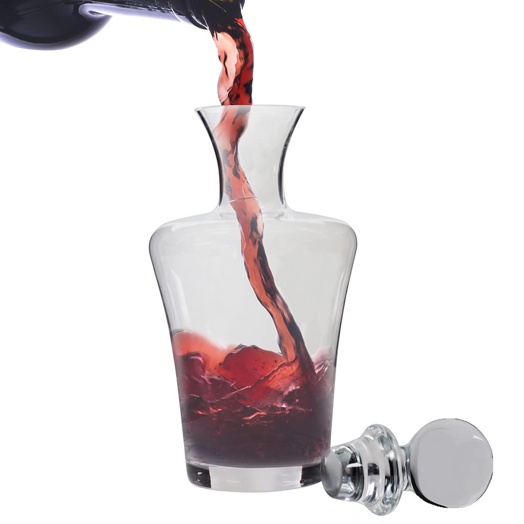 Red Wine Decanter 1L Wine Carafe Aerator with Weighted Stopper Lid Lead-Free Fluted Stem Port Decanter Birthday Wedding Anniversary Housewarming Gift Idea
