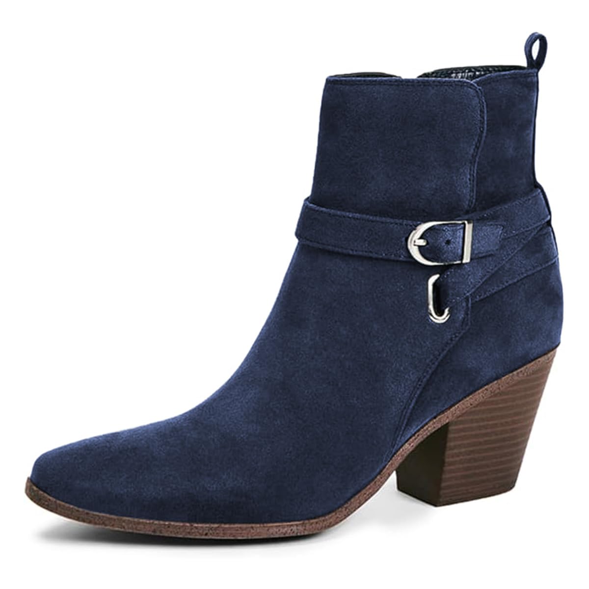 FOWT Women Closed Round Toe Side Zipper Ankle Boots Stacked Chunky Mid Heels Buckle Strap Fall Booties Formal