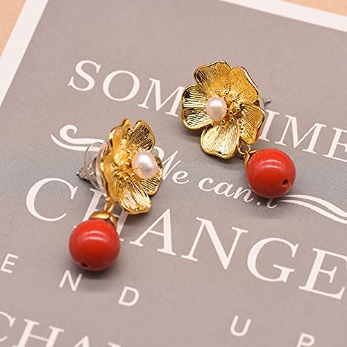 SALAN Pendientes Colgantes De Plata De Calcedonia Roja Natural S925 para Mujer, Pendiente De Perlas De Agua Dulce, Joyería Fina