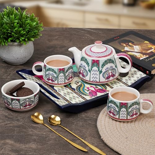 Image of CRAF10 Ceramic Handcrafted Flora and Fauna Small Tea Set - 1 Kettle (350 ML), 2 Cups (160 ML), 1 Bowl (for Sugar or Snacks), 1 Tray | Microwave & Dishwasher Safe | Teapot | Gifting Option