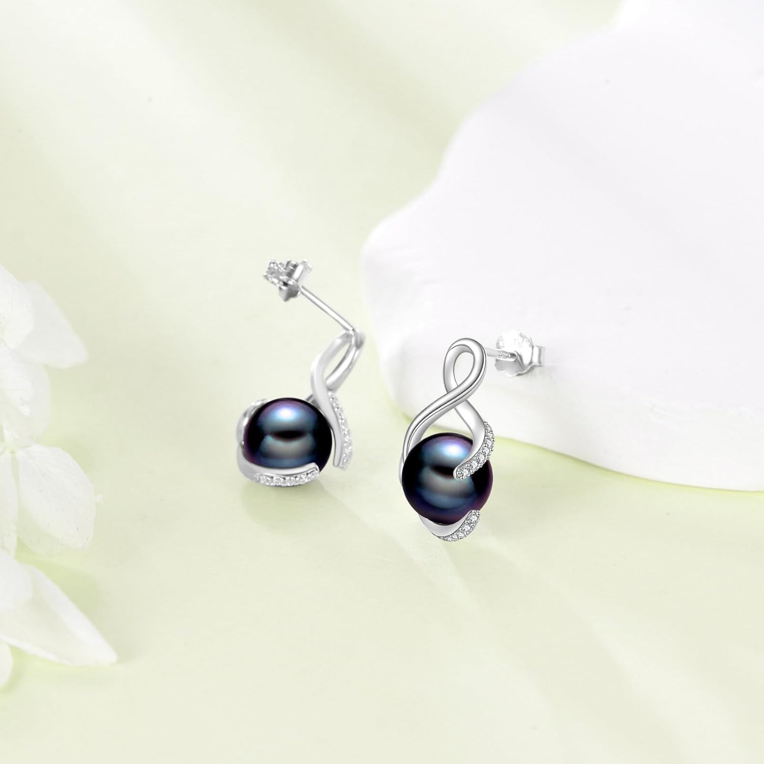 Sterling Silver 7-8MM Black Pearl Drop Earring Stud for Her, s925 Silver Black Tahitian Pearl Infinity Drop Earrings with Lab Created Diamond for Women Ladies Mothers Day Anniversary,18+2 inch - Image 2