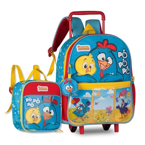 Kit Mochila Carrinho com Lancheira Térmica Escolar Infantil Galinha Pintadinha