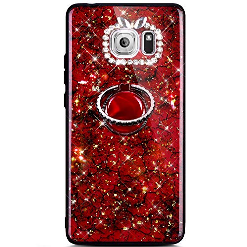 Robinsoni Case Compatible with Samsung Galaxy S7 Phone Case Silicone Glossy TPU Cover 360 Degree Rotation Ring Case Kickstand Phone Cover Sparkle Bling Phone Cover Gel Soft Shockproof Case Amber Red