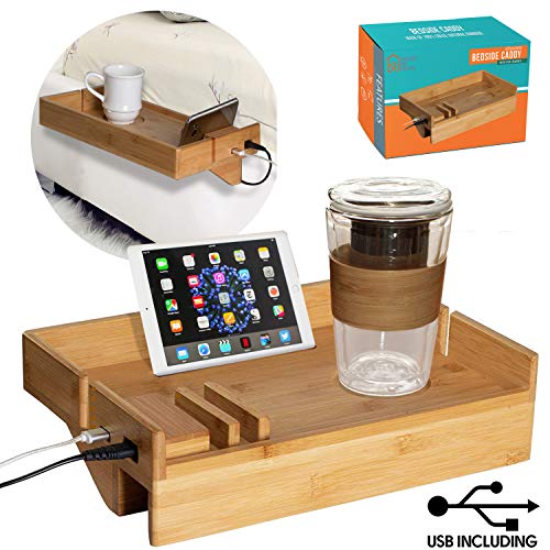 Bamboo Bedside Bed Shelf- with USB Ports to Charge Devices, Powder Coated, Attachable
