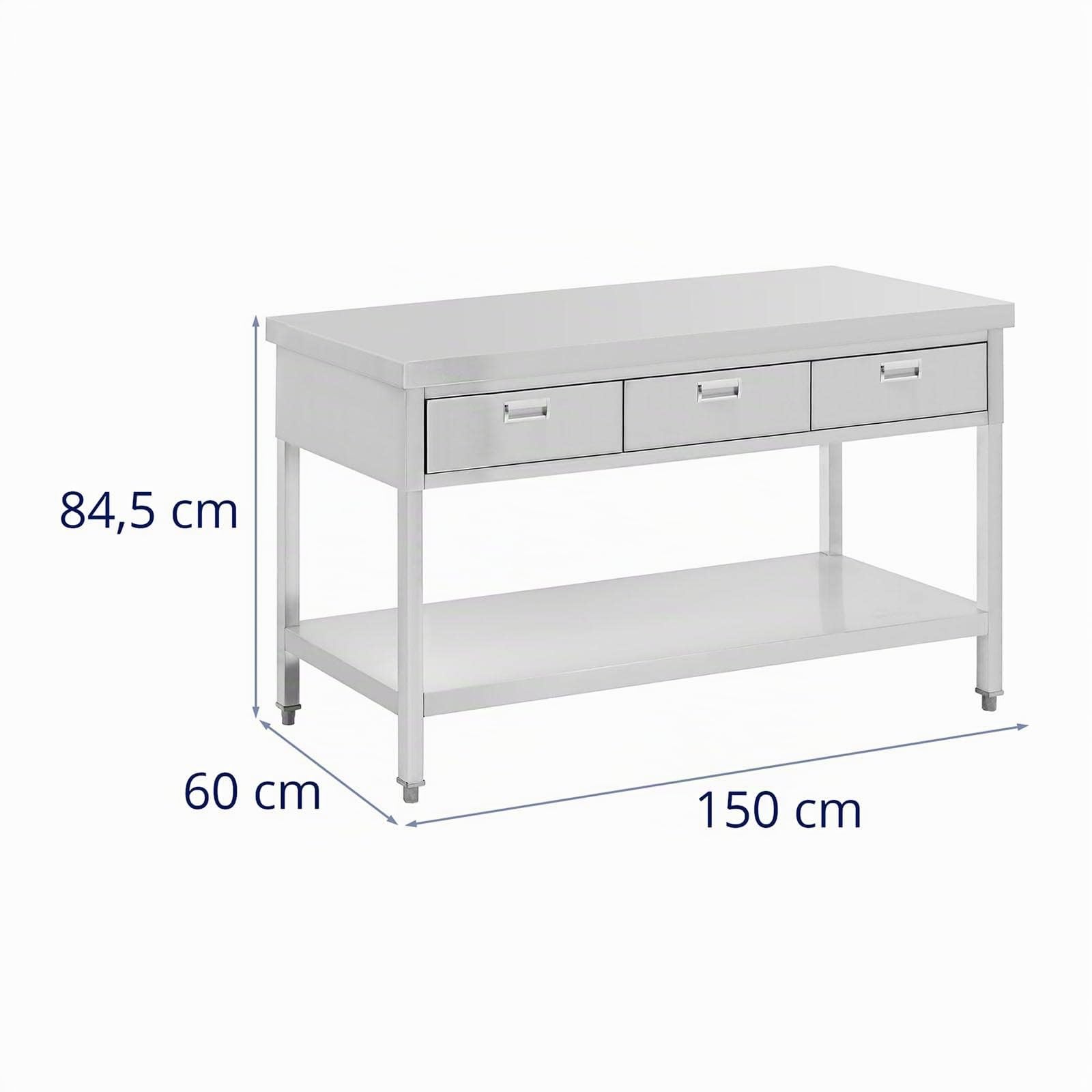 Royal Catering Tavolo in acciaio inox con 3 cassetti, 150 x 60 cm, 400 kg, in acciaio inox, con base