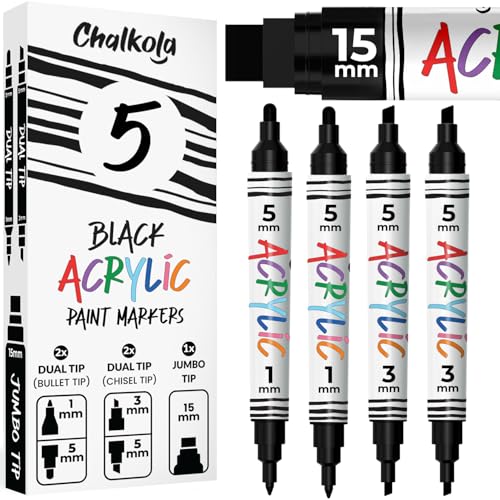 Chalkola Feutre de peinture acrylique noire – Double pointe fine & jumbo (1 mm, 3 mm, 5 mm, 15 mm) | Marqueur noir permanent pour bois, métal, verre, tissu,...