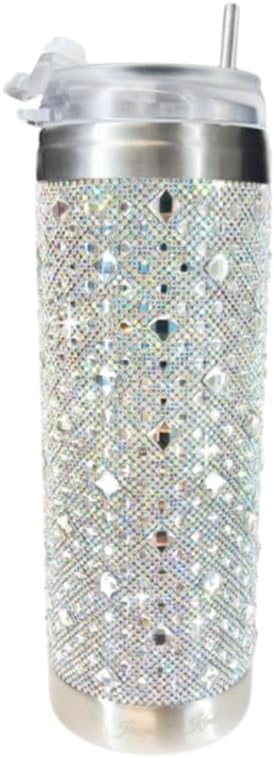 Jacqueline Kent Rhinestone Bling Tumbler, 20 oz Stainless Steel Double Wall Cup with Lid and Straw, Silver