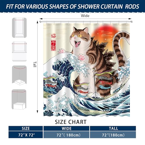 Image of Funny Chubby Cat Monster Shower Curtain Set, Japanese Anime Sunset Ocean Waves Home Bathroom Decor, Polyester Cloth Fabric Bath Curtain with 12 Hooks 72 inch W x 72 inch L