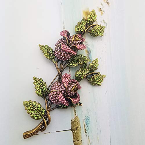 Selovo 4In Long Big Rose Flower Leaf Large Brooch Pin Gold Tone Green Pink Crystal #TOP2