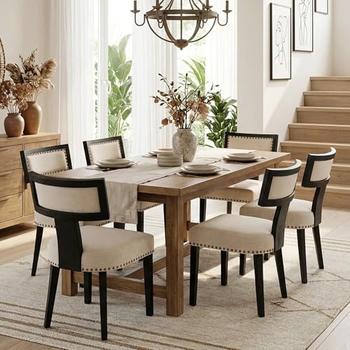 Image of HNY Mid Century Modern Dining Chairs Set of 6, Farmhouse Linen Fabric Upholstered Accent Chairs Curved Nailhead Trim Backrest Kitchen Chairs, with Black Hardwood Frame, Beige