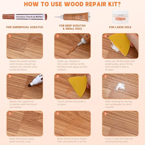 Image of Furniture Wood Repair Kit, Wood Markers for Scratches,12 Colors Wood Fillers for Stains and 8 Colors Furniture Markers Touch-up, Scratch, Cracks, Hole