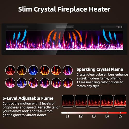 Image of Zionheat 72 inch Wide Screen Electric Fireplace-Wall Fireplace for Living Room-Fireplace Inserts /Wall Mounted with Remote Control, Timer, Dimmer, 12 Flame Colors, 750 /1500W
