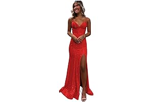 Red Sequin Prom Dress with V-Neckline