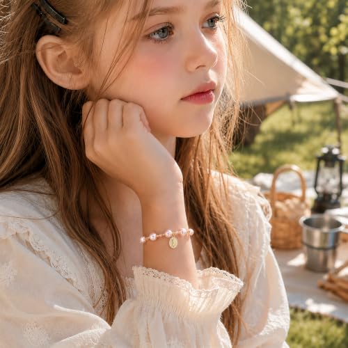 KSF Kids Pink Pearl Beads Bracelet - 14K Gold Plated Virgin Mary Bracelet - image 2