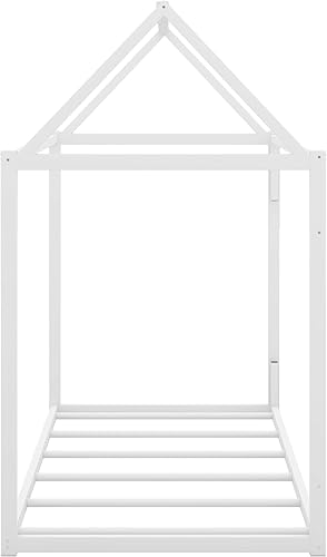 Miniatura 14 de Cama de casa de tamaño individual con diseño de valla y techo, marco de cama de metal, marco de cama de piso doble, base de cama Montessori de Color