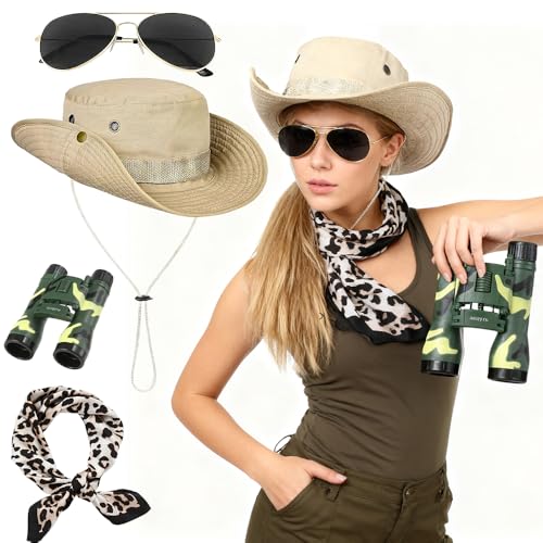 TGKYK Costume de safari, 4 accessoires de costume de safari, avec chapeau de safari, écharpe léopard, lunettes de soleil, jumelles, vêtements de safari pour...