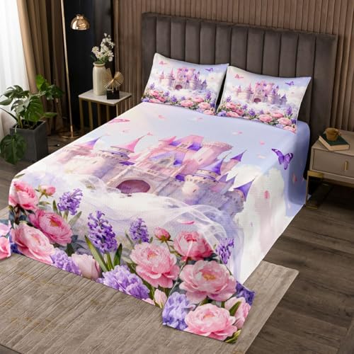 Homemissing Castle Bettüberwurf Bowknot Wohndecke für Jungen Mädchen Prinzessin Dekor Tagesdecke 170x210cm 2Stück Märchen Prinzessin Zimmerdekor Violett