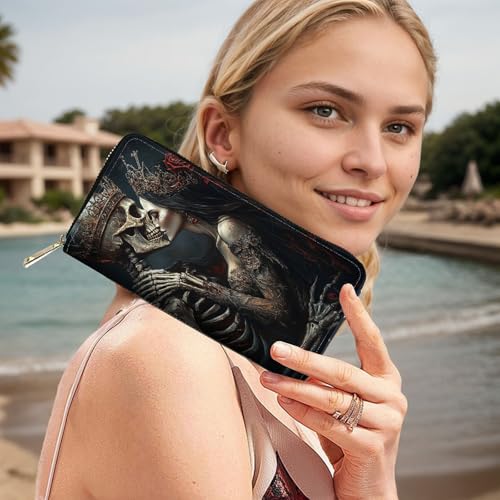 Image of RFID Blocking Leather Wallet for Women - Large Capacity Zip Around Clutch with 8 Card Slots,15 Cash Pockets & Coin Zipper,Skeleton Couple Love Scene