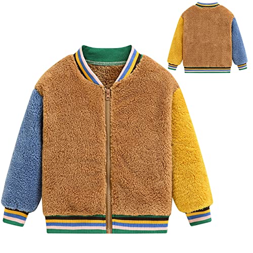 Teen Boys Girls Fleece Jacket Baseball Collar Elastic Cuff Thick Fuzzy Coat Winter 𝗖olor Block Warm Outerwear4