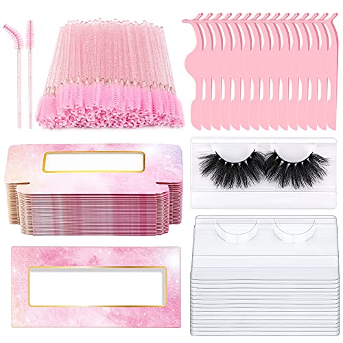 175 Pieces Lash Packaging Wholesale Include 30 Empty Eyelashes Packaging Box 30 False Lash Trays 15 Eyelash Tweezers and 100 Eyelash Brush Mascara Wands Disposable (Pink)