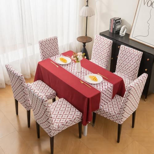 Image of HOMETHREADS Stretchable Elastic Jacquard Chair Seat Cover and Waterproof Dining Table Cover | Removable,Washable & Durable Chair Protector |for Dining Room (Maroon, 6Chairs+1Table Cover (150X220))