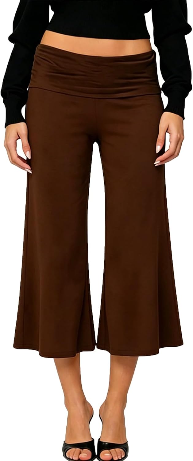 Women Fold Over Waist Lounge Capris Gaucho Wide Leg Flowy Cropped Trousers Casual Yoga Pants Pajama Bottom