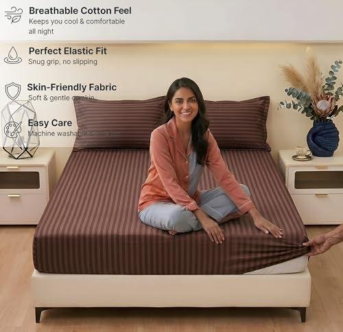 Image of BSB HOME 210 TC Cotton Fitted Bedsheet with 2 Pillow Covers, Soft Breathable Fabric, Elastic All Around, Wrinkle Resistant, King Size Bed Sheet Set - 72 x 78 + 10 Inches (Chocolate Brown)