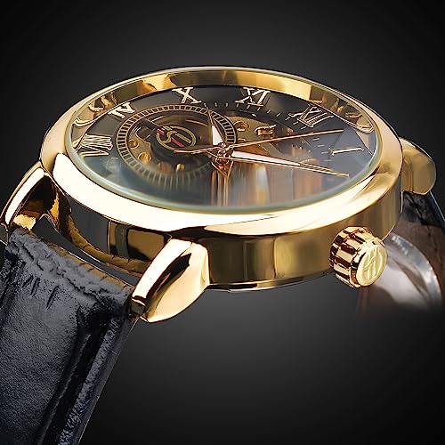 Image of FORSINING Men's Skeleton Watch Steampunk Watch Black Mechanical Watch for Men Minimalist Retro Design Mechanical Skeleton Wrist Watch Transparent